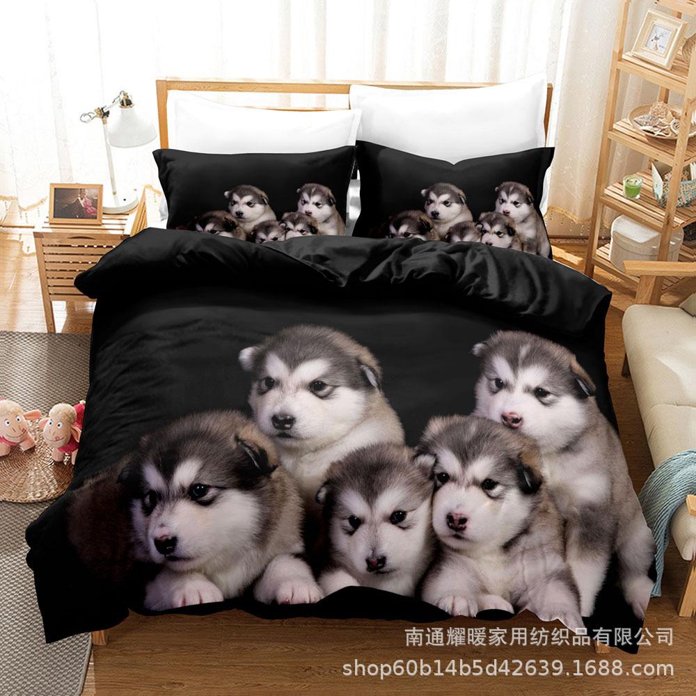 3D Digital Printing Bedding Four-Piece Set Three-Piece Set Dog Black Bed Sheet Quilt Pillow