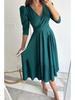 Autumn V-neck Waist-Cinching Bubble Sleeve Swing Dress