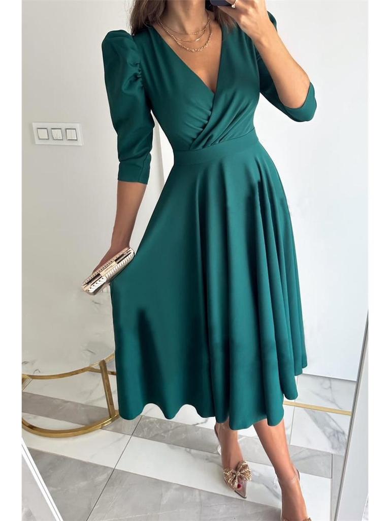 Autumn V-neck Waist-Cinching Bubble Sleeve Swing Dress