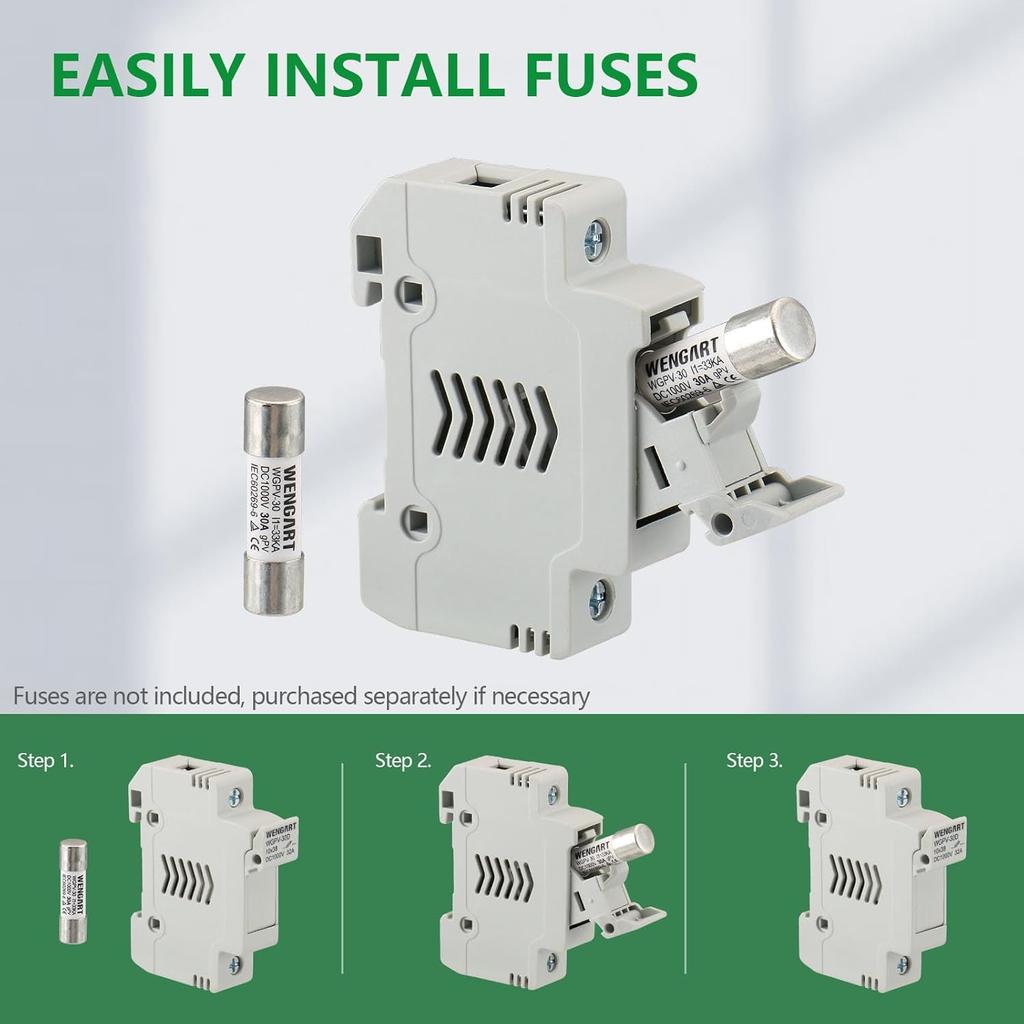 Wengart Solar Fuse Holder WGPV-30D,1 Pole DC1000V 35mmDIN Rail Mount Fuse Holder for fuse 10x38mm gPV Up to 32A,18 to 8 AWG