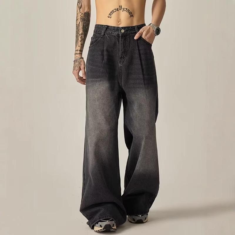 

Мужские джинсы широкого кроя 2024 года, вываренные черные - Высокие, Повседневные, Свободного кроя, Американский тренд для весны и осени. L