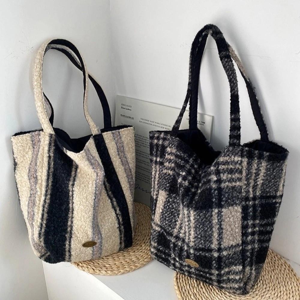 Stylish Double Sided Design Plaid Tote Bag Colorful Thicken Handbag Soft Large Capacity Woolen Tote Bag Daily Use