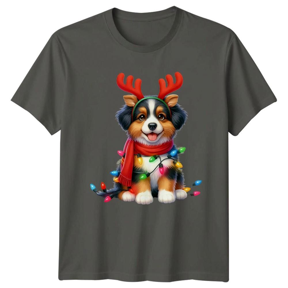 Puppy Reindeer Christmas Lights Holidays Unisexs Unisexs Graphic Tee S