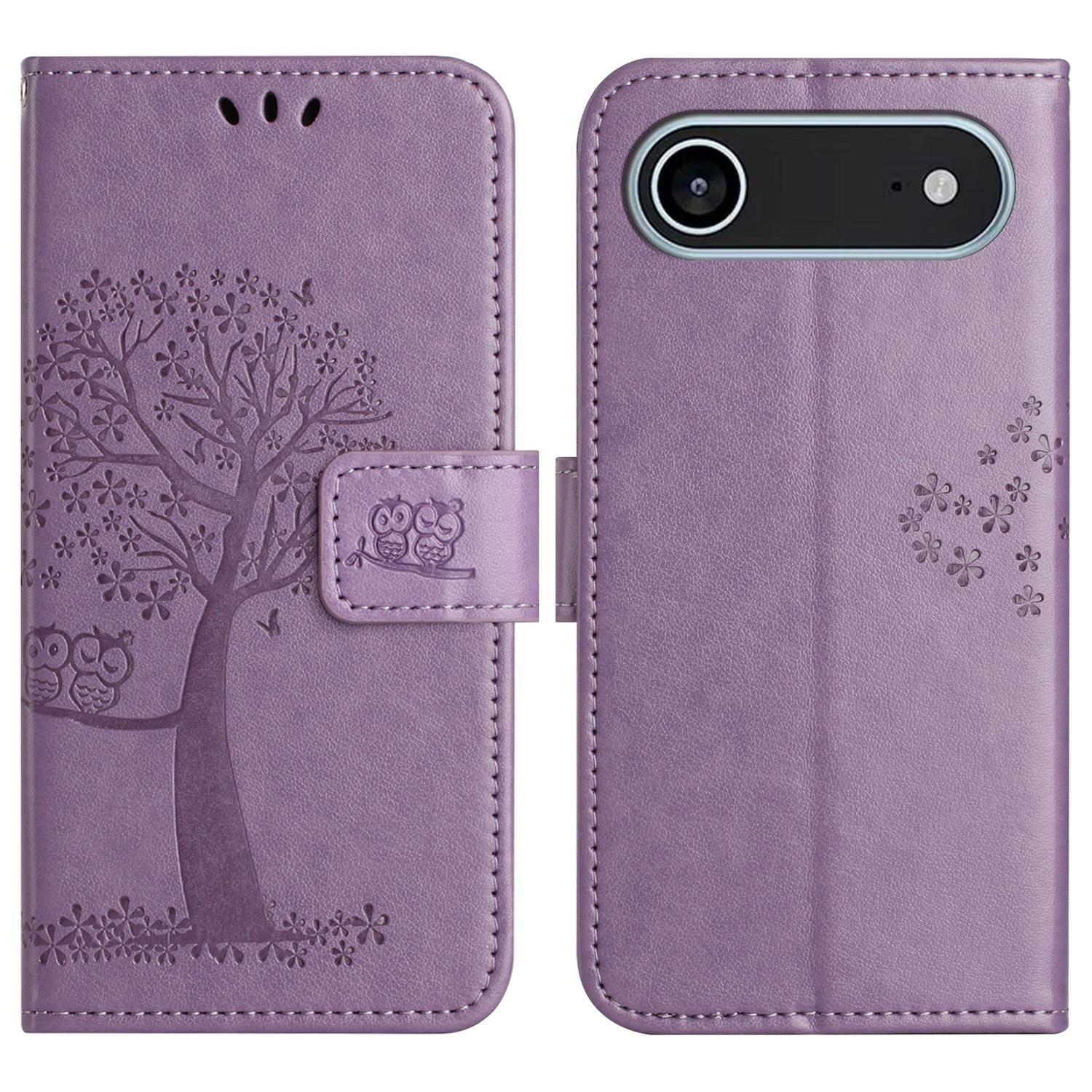 

For iPhone Air Case PU Leather Owl Tree Imprinted Wallet Phone Cover with Strap