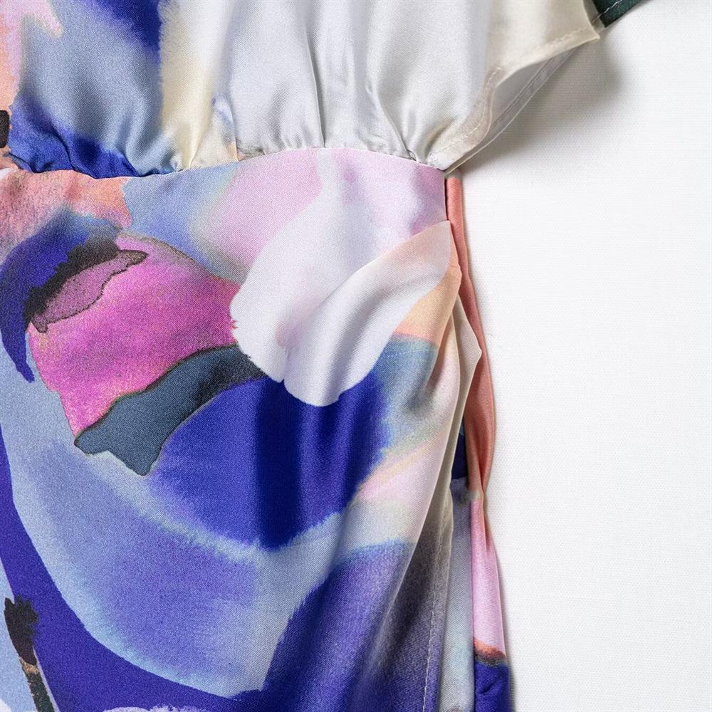 Spring/Summer 2025 Women's Asymmetrical Print Dress—Slim Fit, Round Neck, Versatile Design.