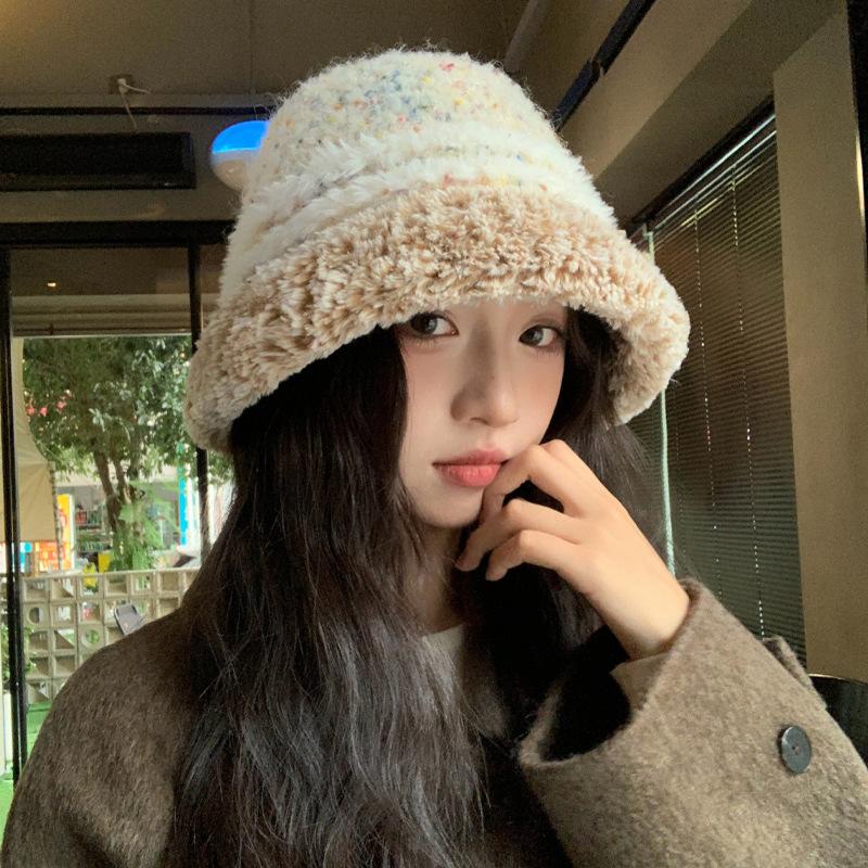 Plush Thickened Hat Women's Color Knitted Bucket Hat Winter Face Small Striped Basin Hat Tide