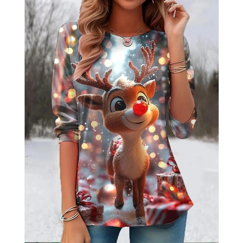 Spring and Autumn Round Neck 3D Christmas Reindeer Printed T-shirts Fashionable Casual Long Sleeved Women's T-shirts