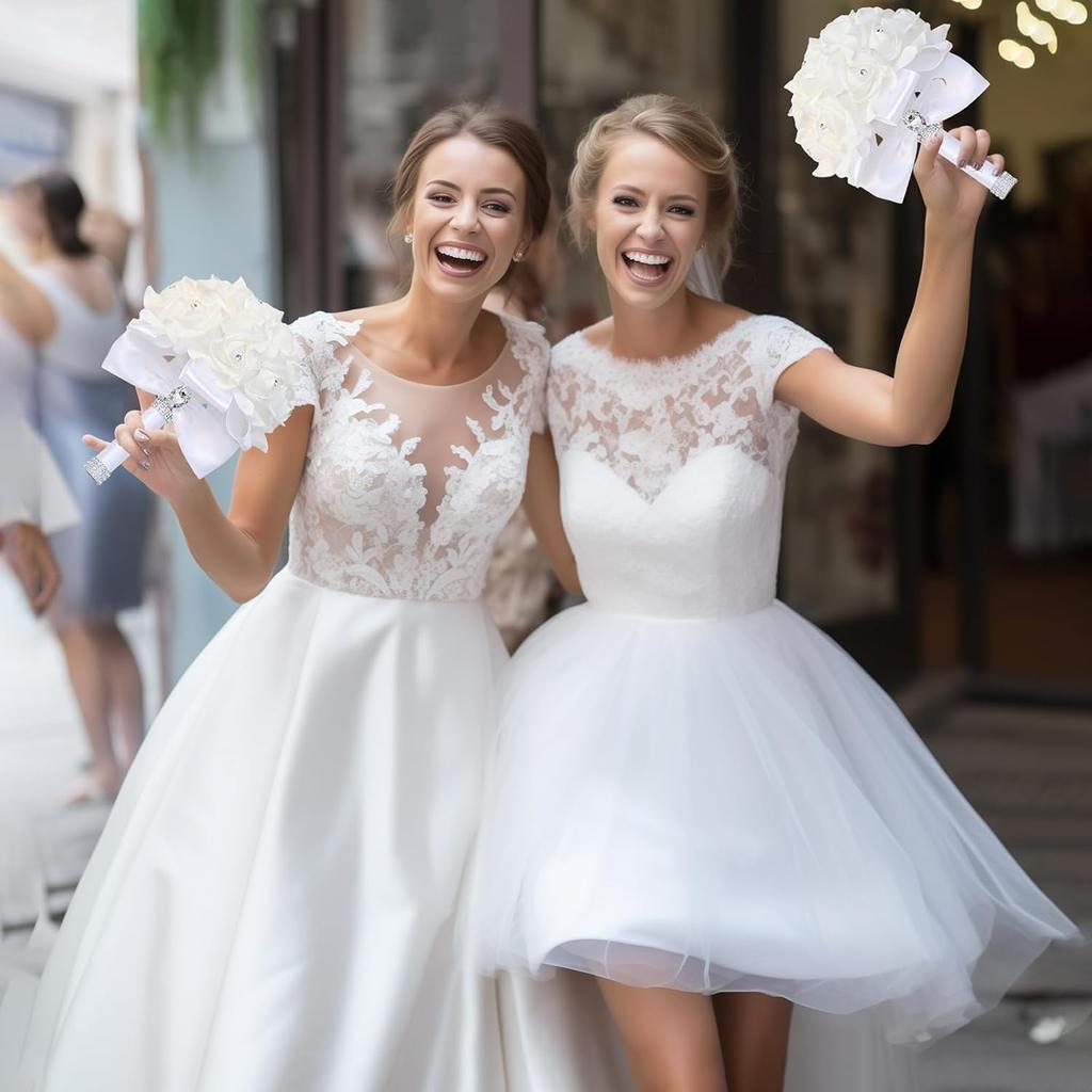 CUIWEI Wedding Bouquets for Bride & Bridesmaid - Hand Roses & Silk Roses Crystal Diamond Artificial Flowers for Wedding Parties, Churches (White)