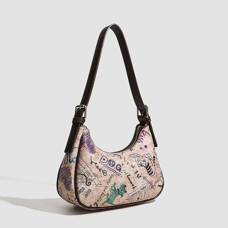 Hochwertige Graffiti Achseltasche für Damen Mode Vielseitige Halbmondtasche Elegant Pendler Ein-Schulter Umhängetasche für Damen