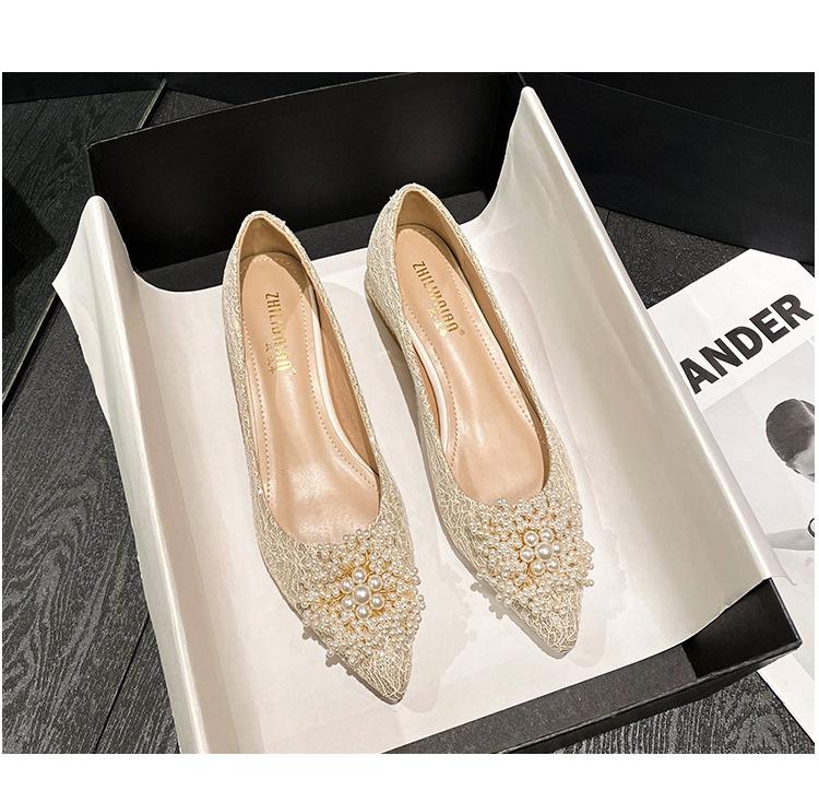 New Shoes for Women Low Heels Pumps Sweet Pearl High Heels Shoes Girl Pointed Toe Dress Shoes