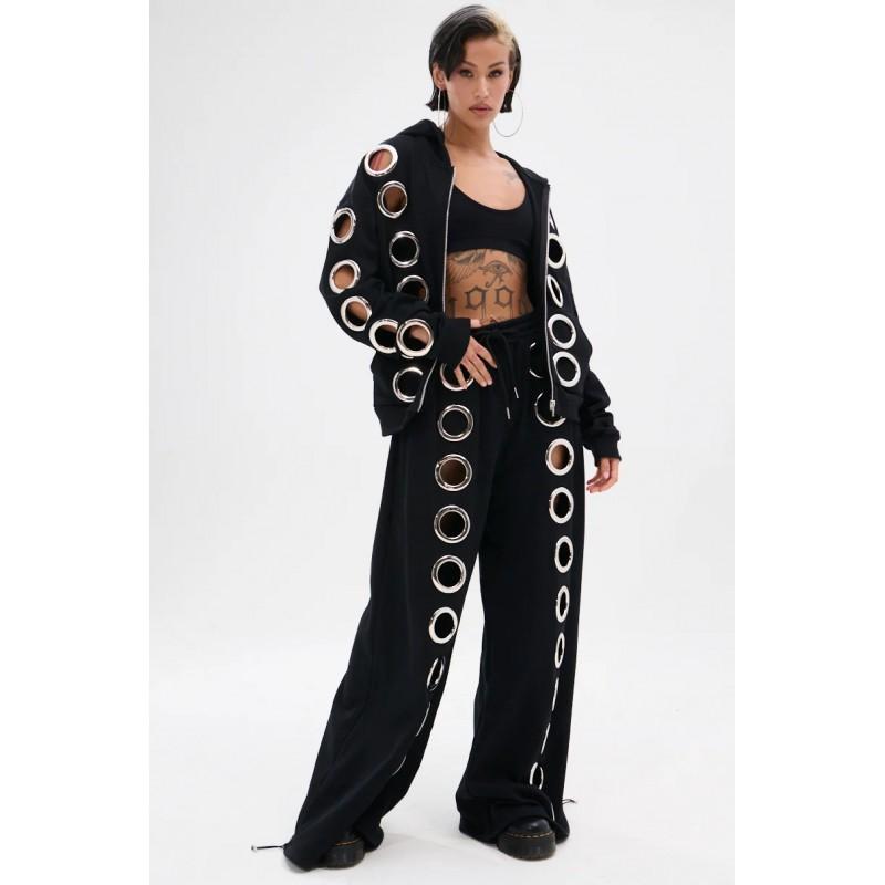 Dark Streetwear Hooded Zip-Up Sweatshirt Wide-Leg