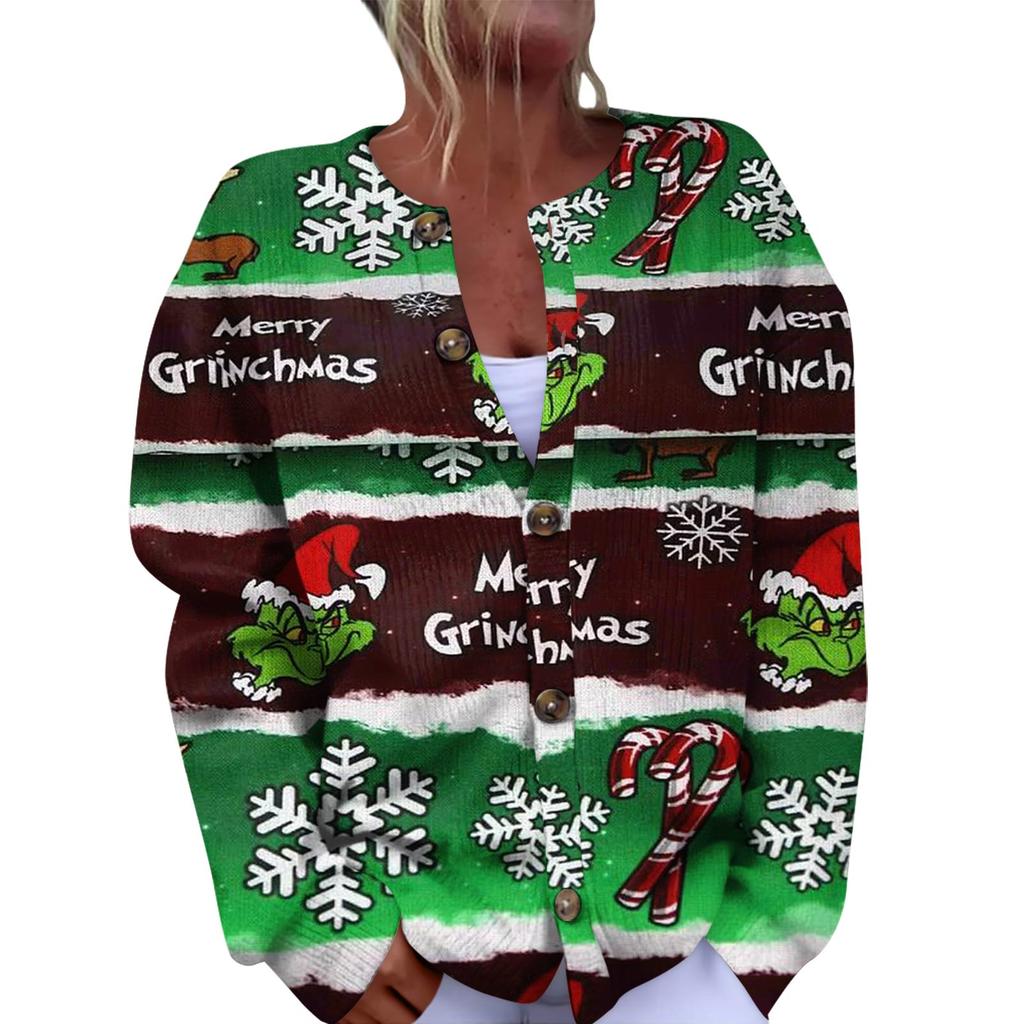 Women's Fashion Christmas Printed Long Sleeve Knitted Cardigan Button Down Jacket