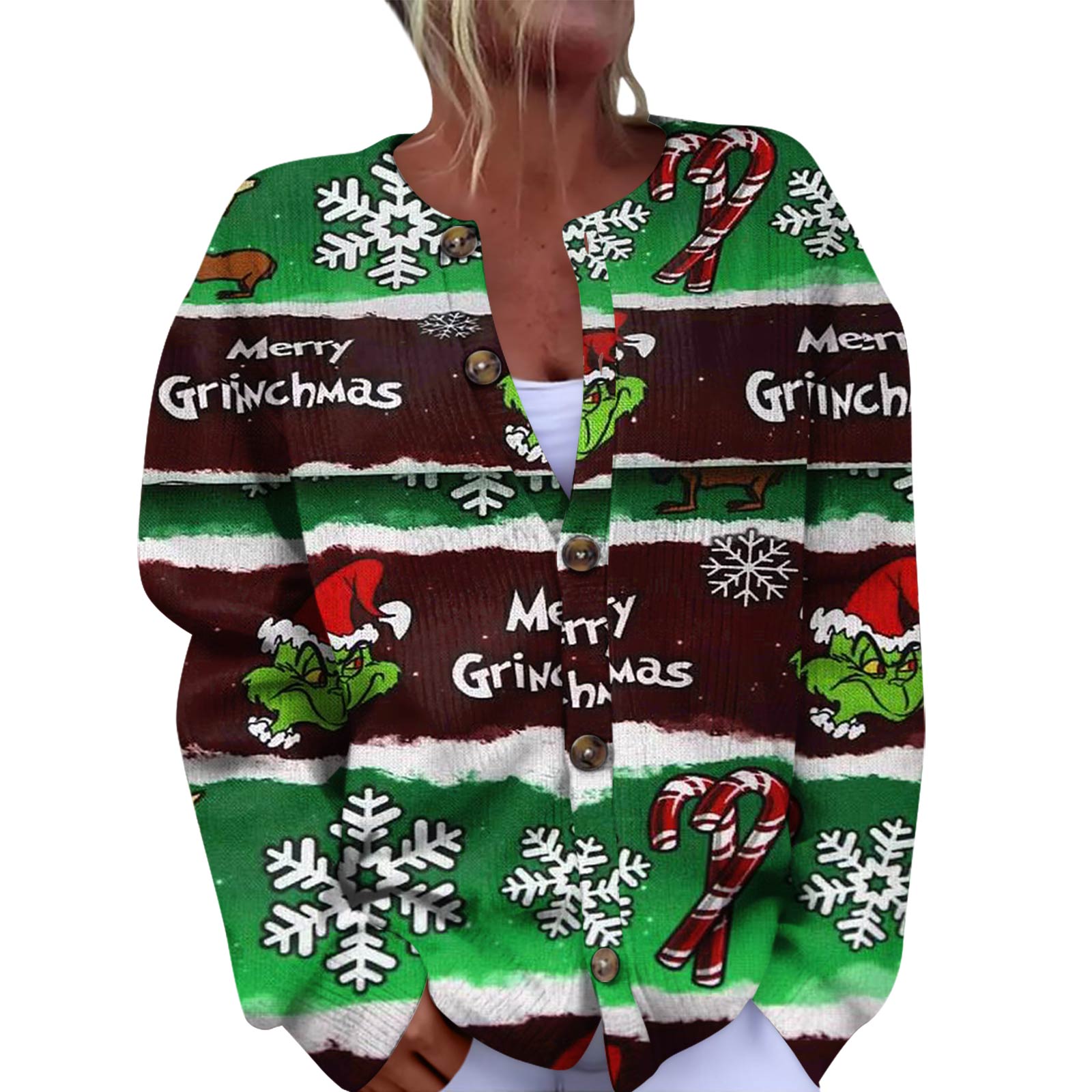 

Женская мода рождественский принт длинный рукав вязаный кардиган пуховик M