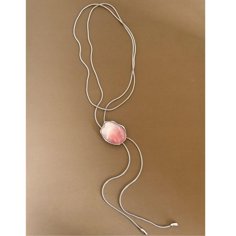 Adjustable Gradient Pink Layered Necklace Set With Earrings Ring Women Resin Geometric Pendant On Gold-Plated Snake Chain