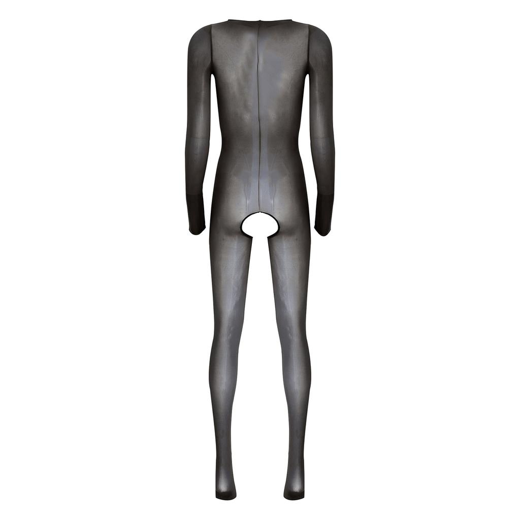 Womens Glossy See Through Long Sleeve Open Breast Crotchless Bodystocking