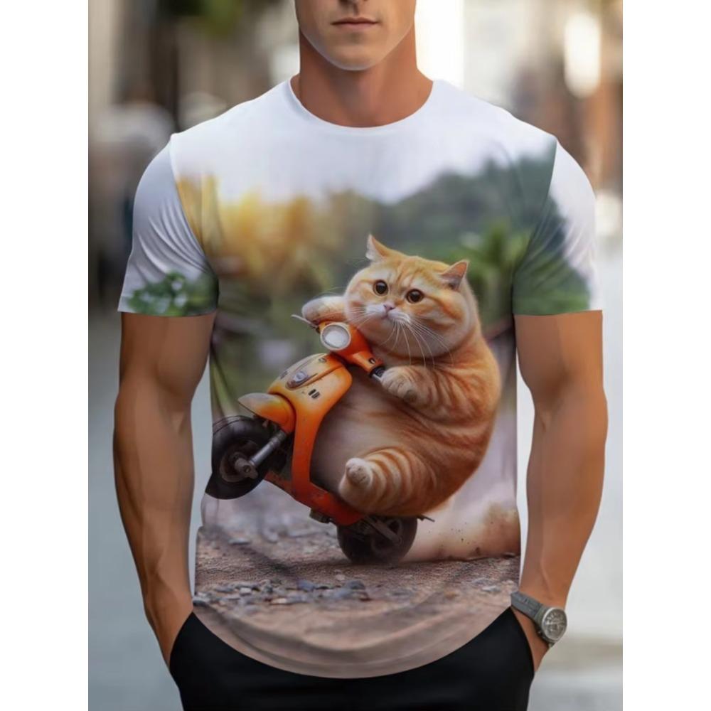 Summer Funny Men Cute Cat 3D Animal Printed Short Sleeves T-Shirt Round Neck T-Shirts Fashionable Comfortable Breathable Casual Top Men's T-shirt