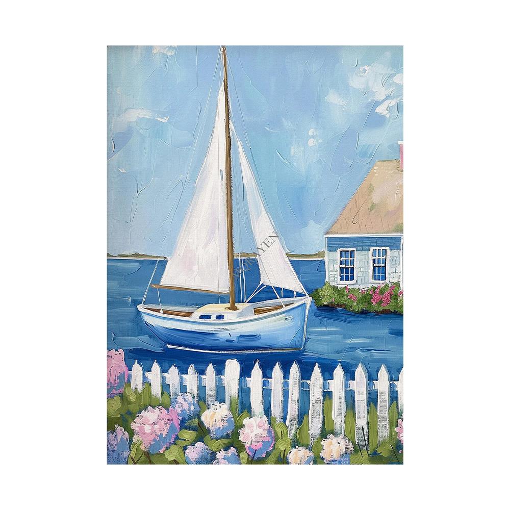 Blue Coastal Beach Seashell Sailboat Posters Prints Canvas Painting Wall Art Pictures Living Room Home Decor Cuadros