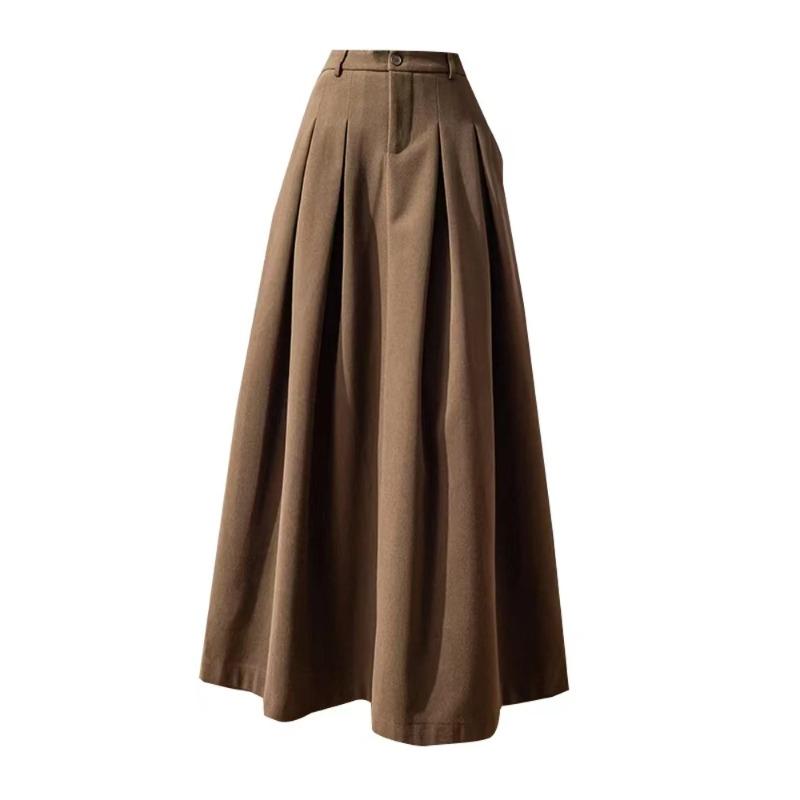 Elegant Women Faux Woolen Skirts for Office Ladies Pockets Casual Loose A-Line High Waist Midi Skirt Autumn Winter