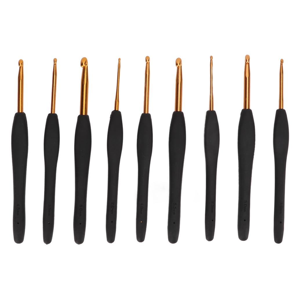 9Pcs Crochet Hooks Black Handle Design Easy Identification Portable Knitting Needles with Crochet Bag