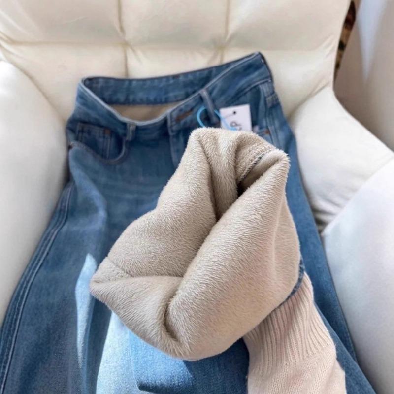 Winter New High Waist Loose Drape Retro Blue Velvet Thickened Warm Jeans Women