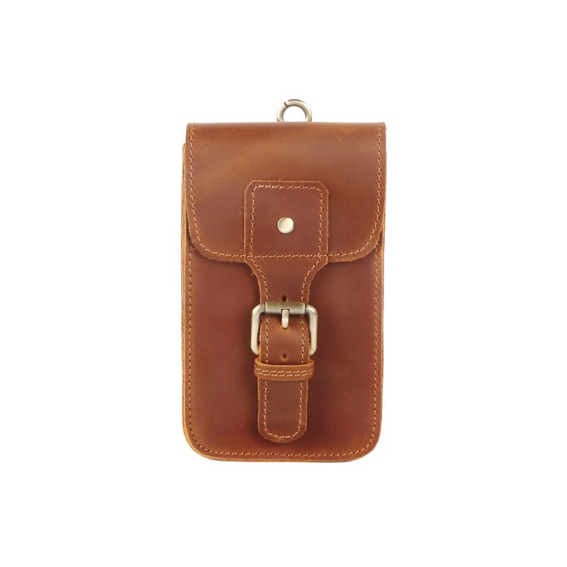 Men s Genuine Leather Phone Bag with Belt, Pants Waist Hanging, Toe Cover Layer, Cowhide, Crazy Horse Craftsmanship, Retro Vertical Phone Waist Bag