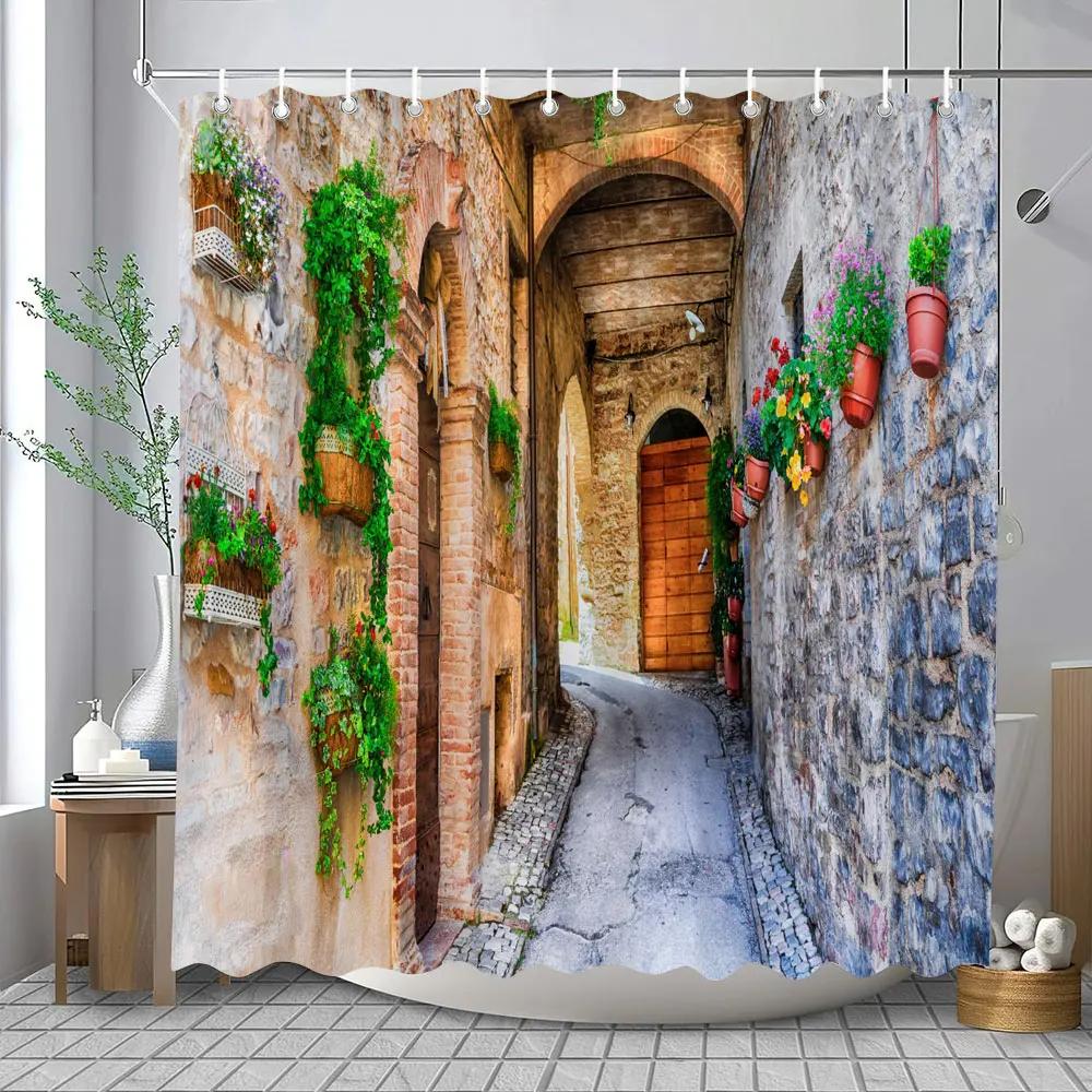 Outdoor Garden Landscape Shower Curtain Lapa Old Town Coastal Landscape Mediterranean Landscape Shower Curtains Bathroom Decor
