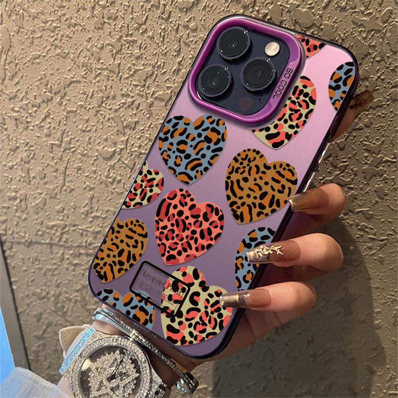 Love Heart Leopard Print Electroplate Silver Phone Case For iPhone 16 Pro Max 15 14 13 12 11 7 8 Plus X XS XR Shockproof Cover