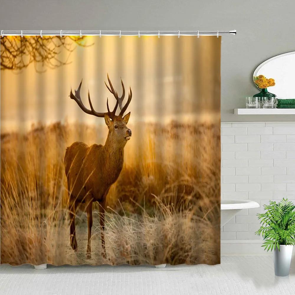 Africa Grassland Wild Animals Printed Shower Curtains Tiger Lion Waterproof Fabric Bathroom Curtains Bathtub Decor with Hooks