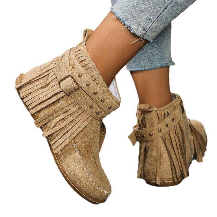 Large Size Rivet Tassel Metal Buckle with Short Tube Cigarette Boots Autumn and Winter New Flat-bottomed Warm Women's Boots
