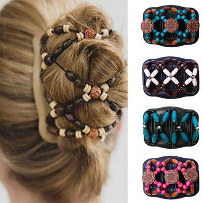 Women Vintage Wooden Beads Magic Hair Comb Hairpin Clip Double Slide Headwear