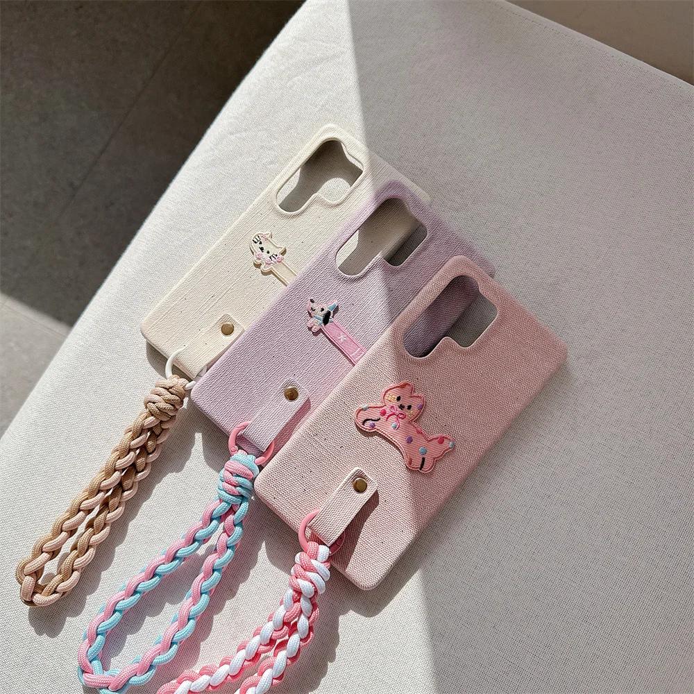 Wrist Strap Weave Cartoon Shockproof Phone Case for Samsung S25 S24 S23 Ultra Galaxy S25 S24 S23 Cowboy Leather Protective Cover