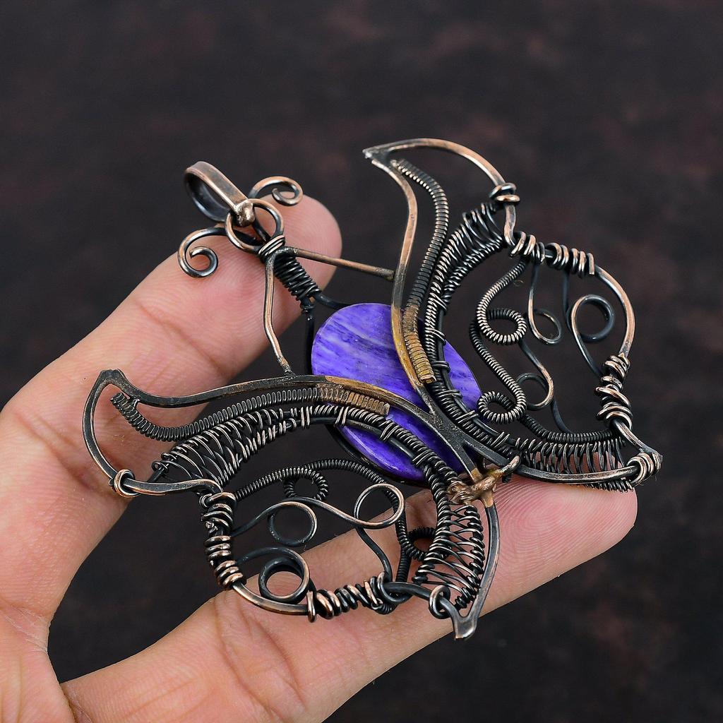 Charoite Pendant Copper Wire Wrapped Pendant Natural Gemstone Jewelry Handmade Butterfly Pendant Beautiful Copper Wire Jewelry Gifts For Mom