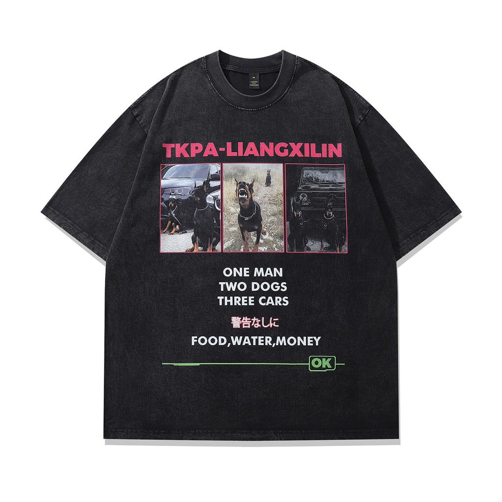 American High Street Doberman Gangster Printed Washed Old Short Sleeve T-Shirt Men'S And Women'S Vintage Vintage Half Sleeve