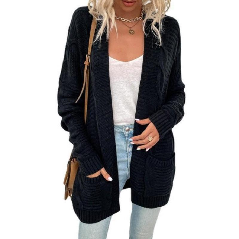 Autumn and winter loose casual twist knitted cardigan European and American pocket medium and long sweater jacket