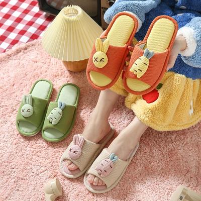 Pantuflas de tacón alto de lino con estampado de dibujos animados para mujer, tendencia coreana de verano: frescas, antideslizantes, silenciosas y perfectas para usar en interiores.