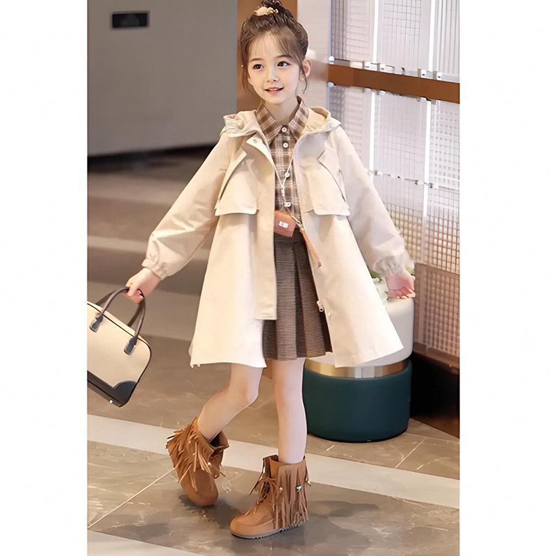 Dívčí trenčkot s kapucí - Britský styl Podzimní móda 2025, Ležérní svrchní oděv střední délky