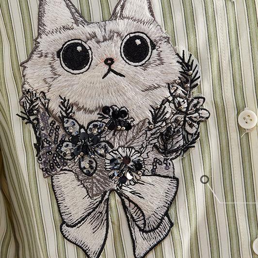 New Striped Shirt Women Lapel Long Sleeve Tops Versatile  Loose Cat Embroidery Blouse