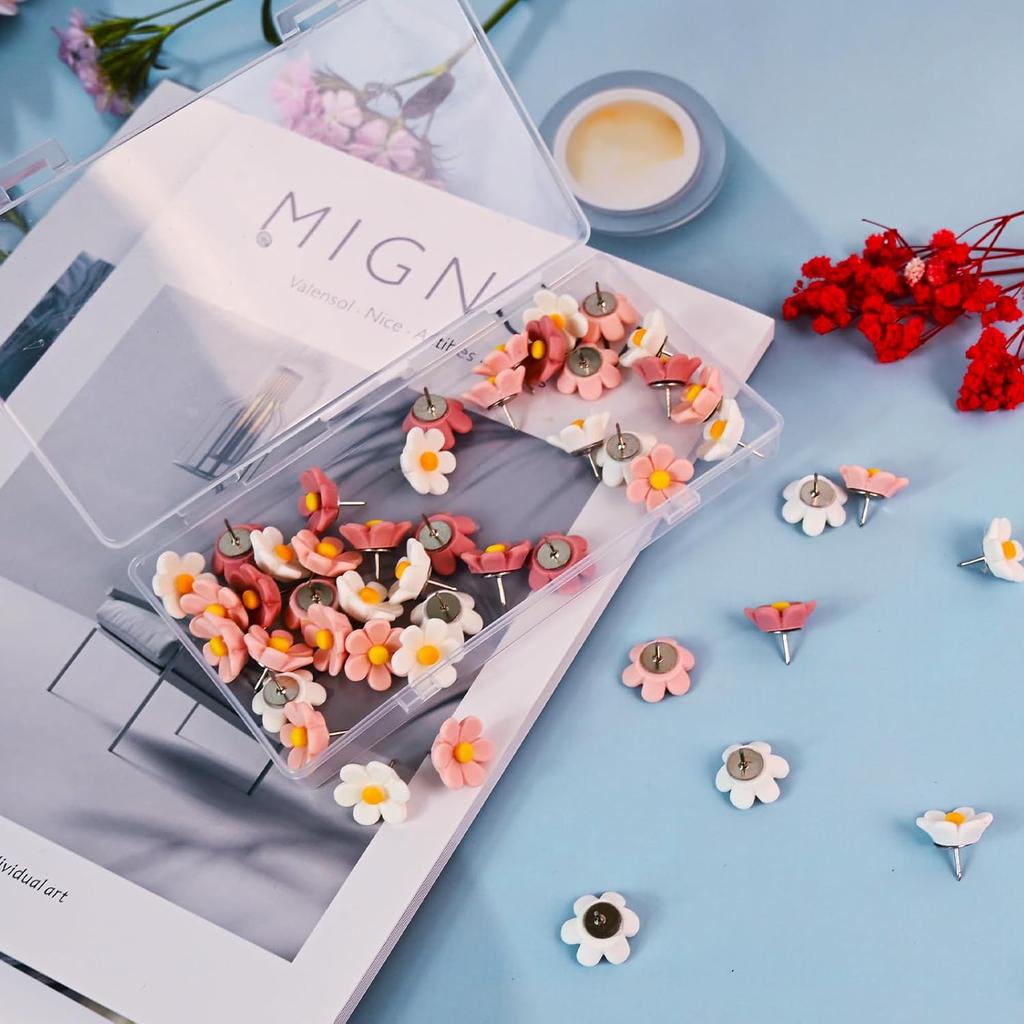 50 Cute Flower Push P for Corkboard & Bulletin Board - Decorative Floret Thumb Tacks for Office, Photo & Poster Wall