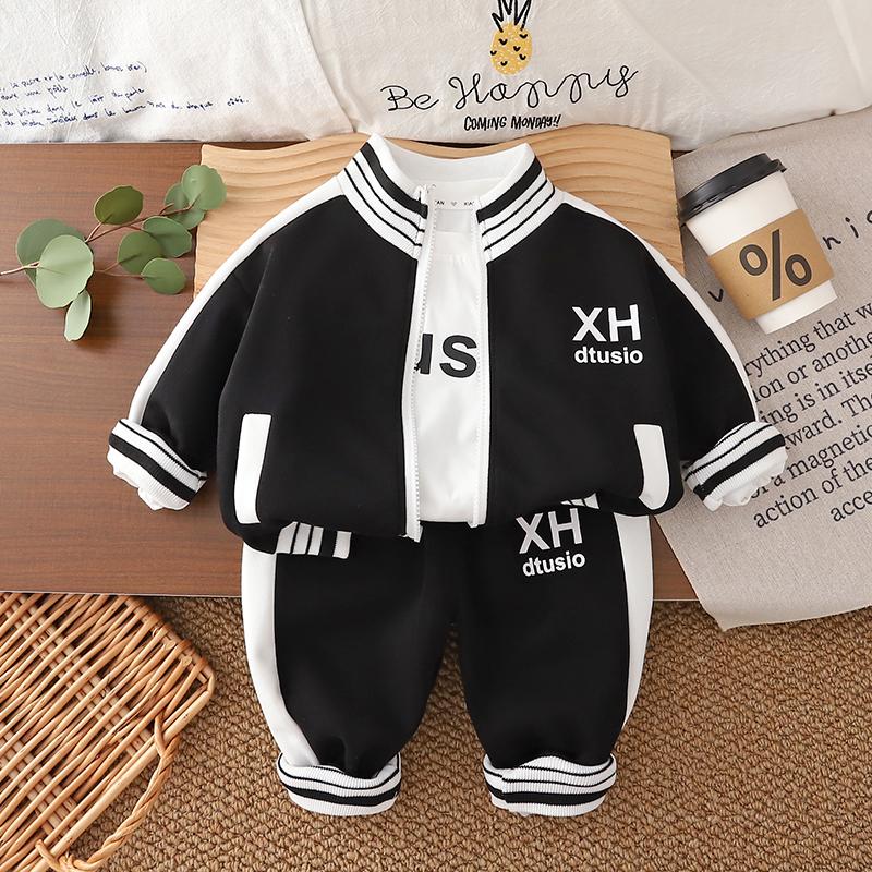 

Boys long sleeved three piece set - casual black sportswear set - cool baseball uniform -6 months -6 years old S