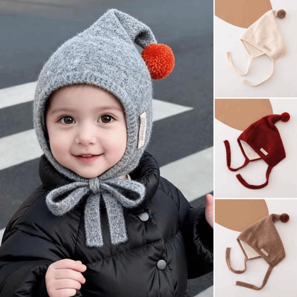Adjustable Tie Straps Kids Knit Hat Full Ear Coverage Pom Pom Bonnet Cold Weather Wear