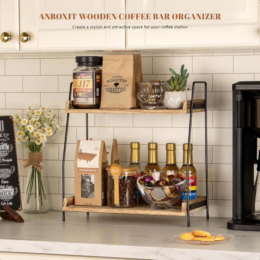 Countertop Coffee Station Organizer 2 Tier Wooden Shelf for Coffee Bar Accessories Condiment Storage Caddy for Kitchen Home Off