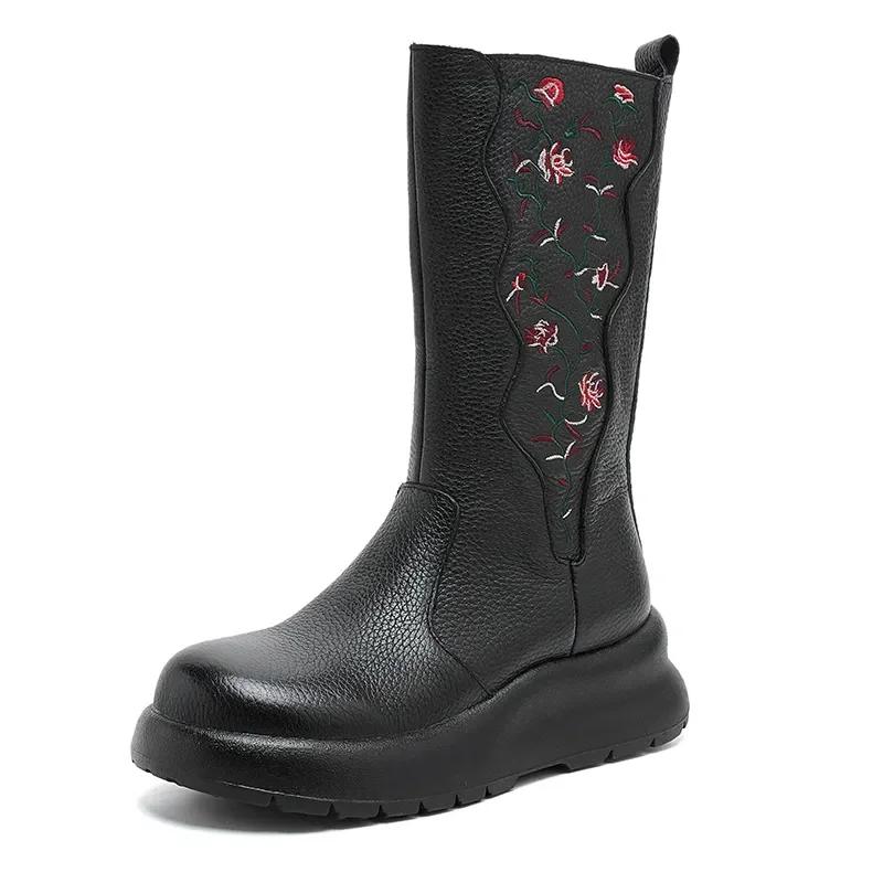 Fashion 5CM Luxury Design Women Mid Calf Boots Winter Thick Sole Wedges National Style Embroidery Warm Genuine Leather Long Boots