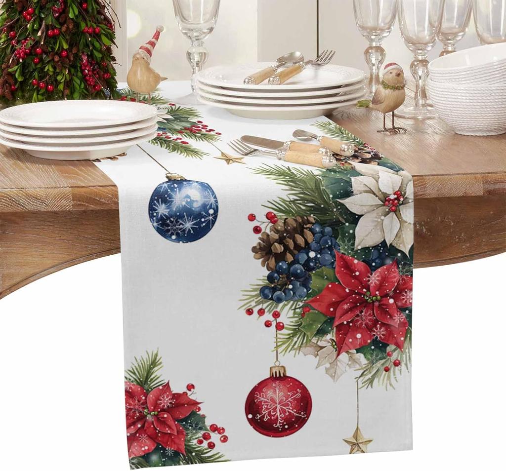 Christmas Ball Poinsettia Flowers Berry Linen Table Runner Party Decor Winter Xmas Snowflake Table Runners Christmas Decorations