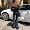 American dark blue micro-pull jeans women's autumn new low-rise Spice Girls slim-fitting and thin drape flared pants