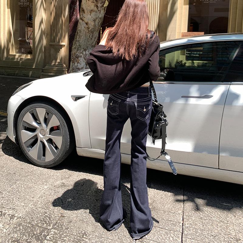 American dark blue micro-pull jeans women's autumn new low-rise Spice Girls slim-fitting and thin drape flared pants