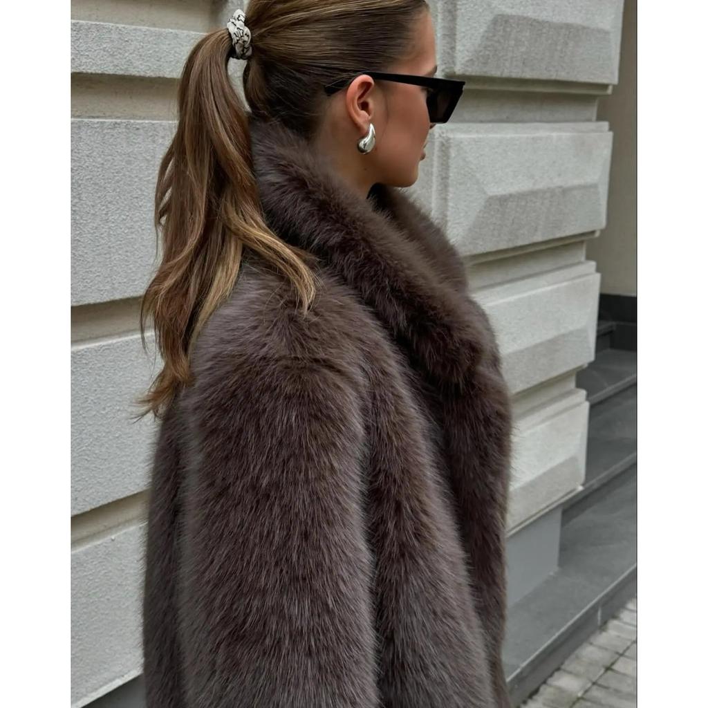 Faux Fox Fur Coats Women Solid Mid Length Jackets Lapel Collar Long Sleeve Furry Outerwear Thick Loose Casual  Autumn Winter