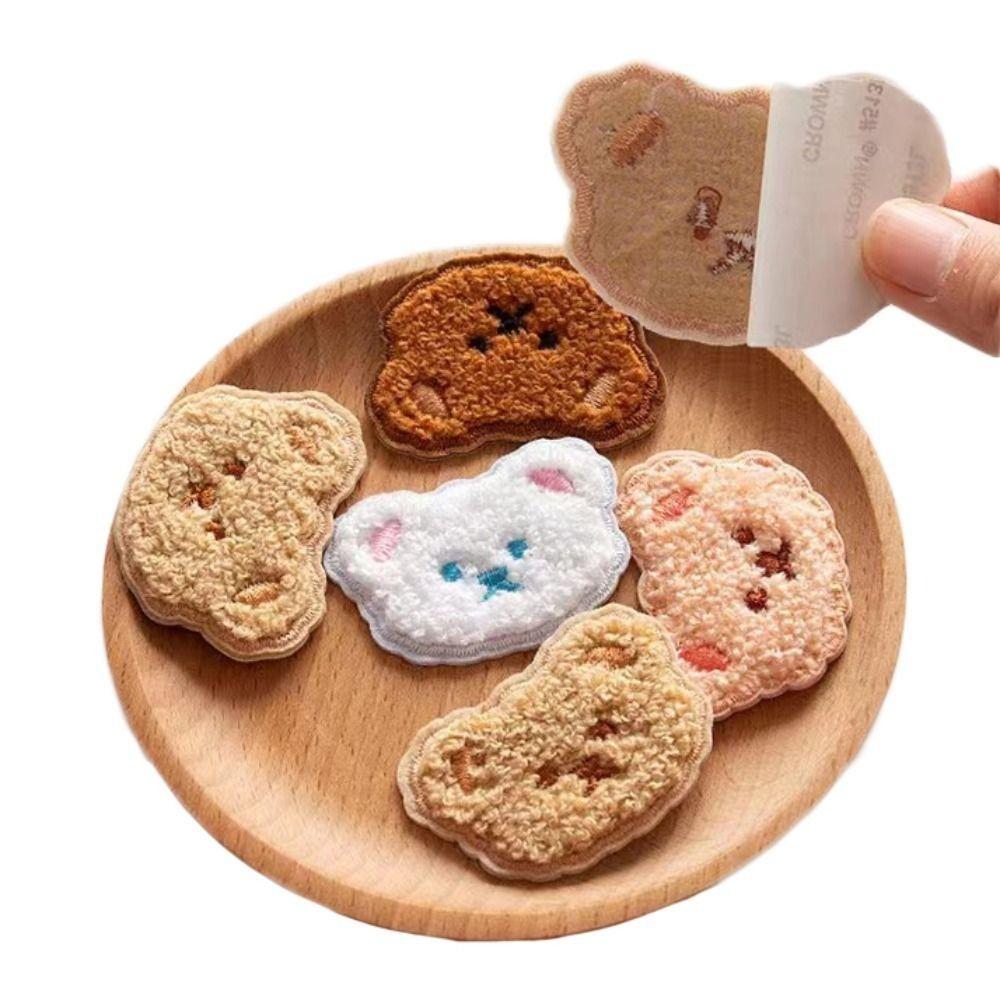5pcs Bear Head Plush Teddy Bear Patches Self-adhesive Cartoon Embroideried Badges Cute DIY Clothes Sticker Sewing