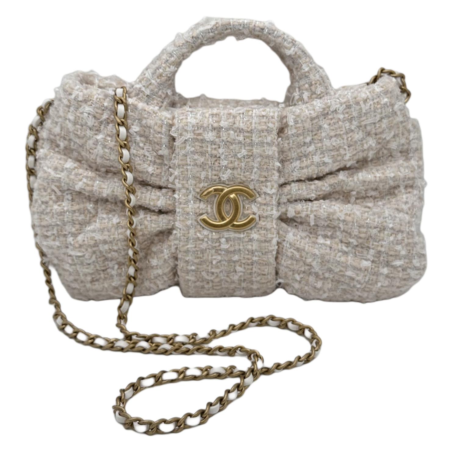 

Chanel 25k Double C Logo Bowknot-Shaped Chain Shoulder Strap Soft Nylon Material Gold Hardware Single Shoulder Handbag Women S Beige/White/Grey Basic+Dust Bag бежевий/білий