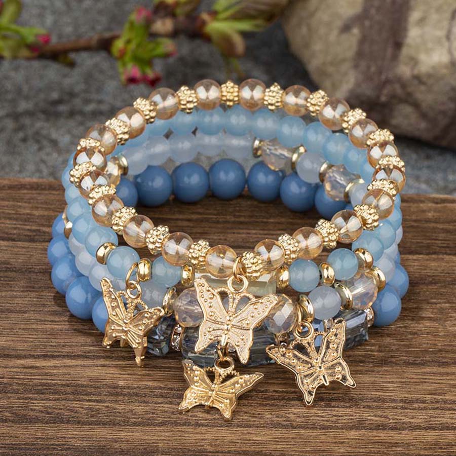4PCS Bohemia Butterfly Charm Bracelet Set For Women Acrylic Beads Elastic Chain Bangle Men Wristband Fashion Party Jewelry Gift