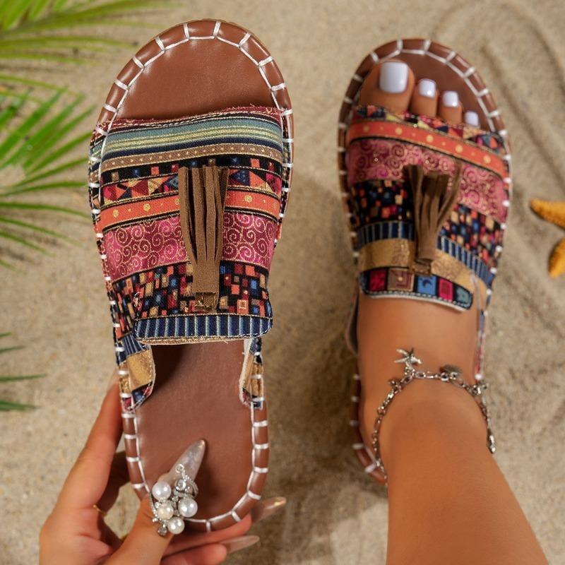 Bohemian Flat Sandals for Women - 2025 Summer New Fringe Design - Size 43 Beach Sandals